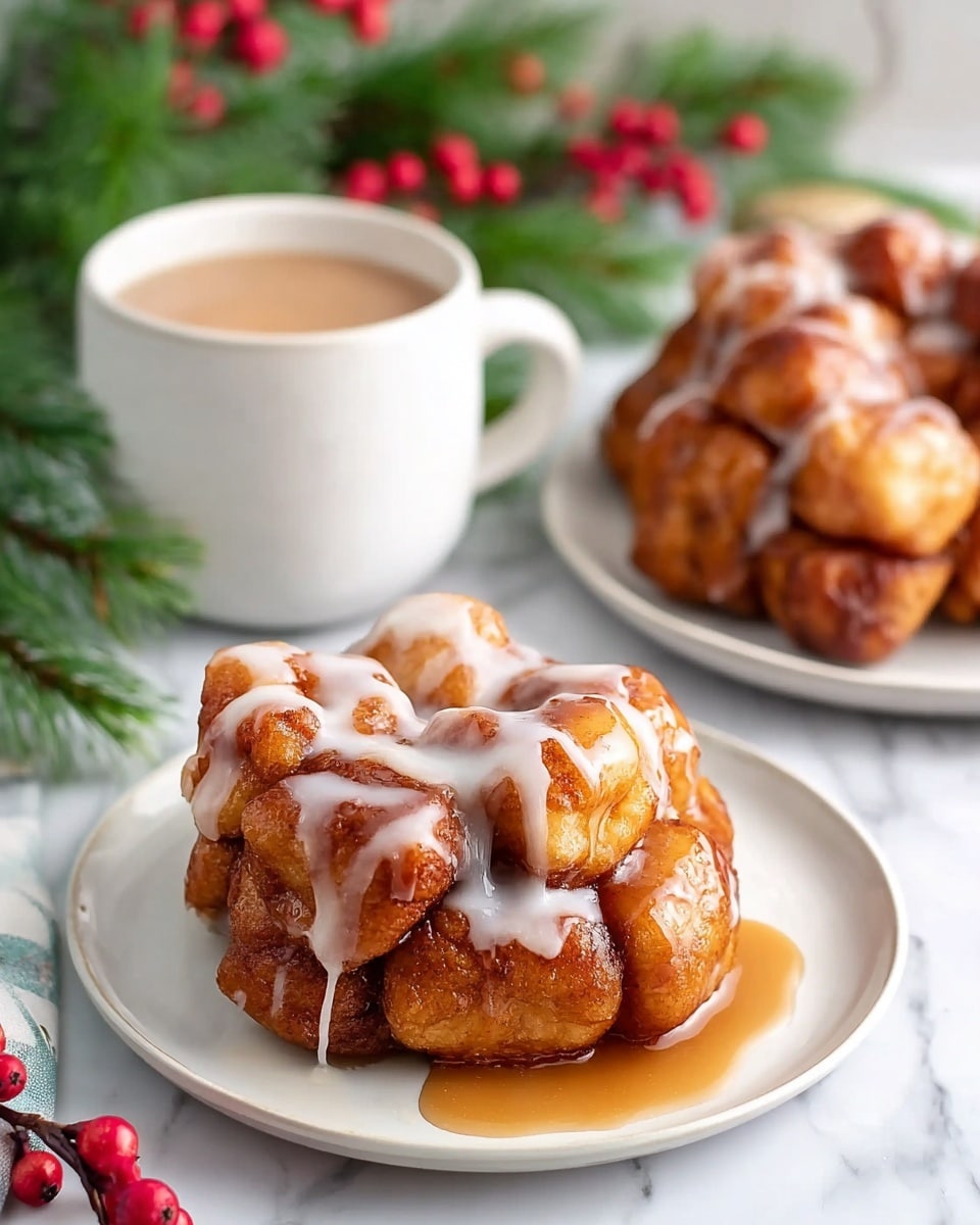 A small white plate holds a serving of monkey bread made from golden brown, glossy, irregular dough pieces stuck together in a mound shape, each piece showing a soft, slightly shiny surface with cinnamon-colored highlights. The bread is topped with a drizzle of white icing and a light caramel glaze that pools slightly around the base. Behind it, another plate with more monkey bread pieces has the same glaze and icing textures. To the left stands a white cup filled with light brown coffee or tea, with a background of green pine leaves and small red berries on a white marbled surface. photo taken with an iphone --ar 4:5 --v 7