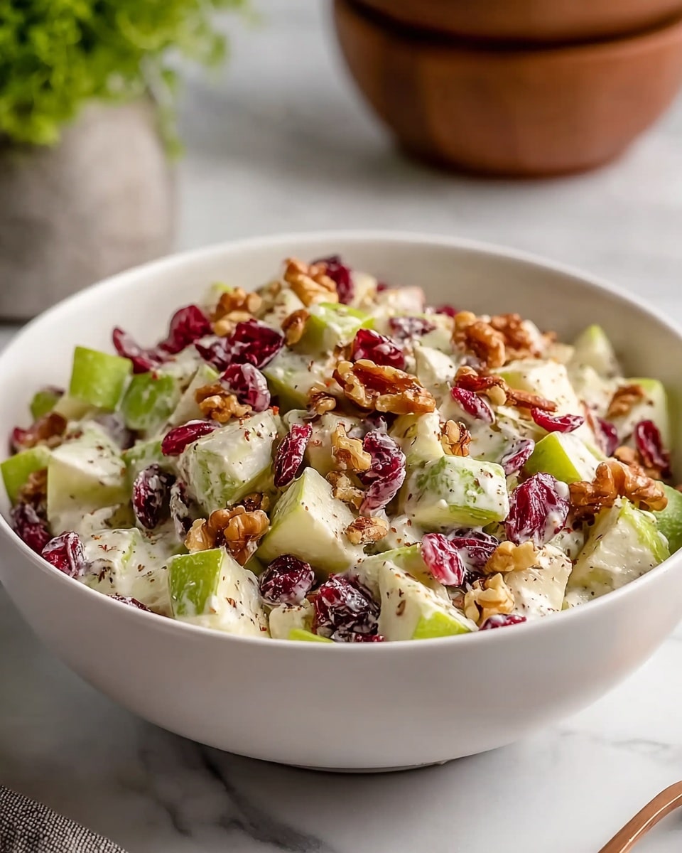 A white bowl is filled with a salad made of chopped green apple pieces with red skin bits, creamy white dressing, bright red dried cranberries, and crunchy brown walnut halves. The salad has a mix of smooth and rough textures, with the shiny apple pieces contrasting against the wrinkled cranberries and crumbled walnuts. The bowl is placed on a white marbled surface, with part of a green plant and a brown bowl slightly blurred in the background. photo taken with an iphone --ar 4:5 --v 7