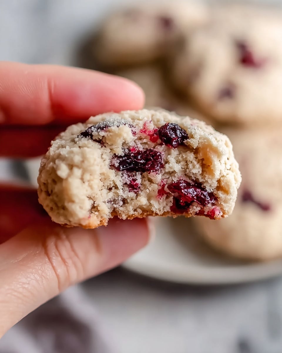 A close-up image of a crumbly cookie held between a woman's thumb and finger, the cookie is soft and light beige with a rough texture and visible cracks, filled with dark red and purple dried berry pieces scattered inside. In the background, there is a blurred white plate with more cookies, all set on a white marbled surface. The focus is on the bitten cookie showing its inside layers of soft crumb mixed with berries. Photo taken with an iphone --ar 4:5 --v 7