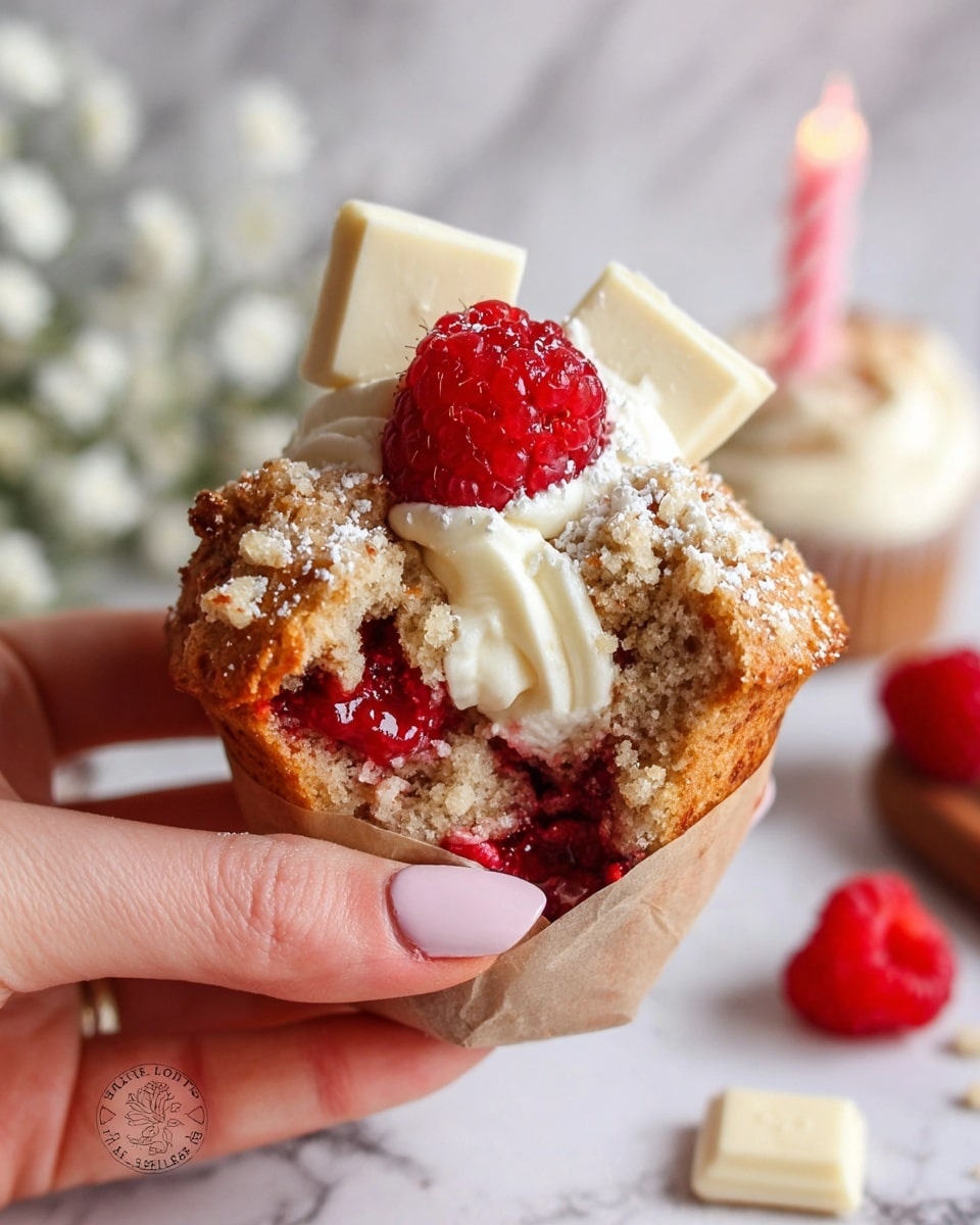 A golden-brown muffin with a crumbly, rough textured top showing a split with bright red raspberries inside. On top of the muffin, there is a layer of glossy raspberry sauce, a bright red fresh raspberry, a dollop of smooth white cream, and a square piece of white chocolate with powdered sugar dusted on it. The muffin is held by a woman's hand with light pink nail polish, wrapped in a light brown paper liner. In the blurred white marbled background, there is a white cupcake with a similar topping and a twisted pink candle. Scattered around the muffin are a few fresh raspberries, white flowers, and a square of white chocolate. Photo taken with an iphone --ar 4:5 --v 7