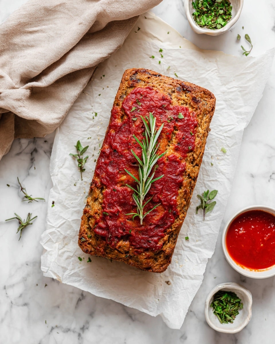 The image shows a rectangular slice of meatloaf cut into three pieces on white parchment paper, placed on a white marbled surface. The meatloaf has three visible layers: the bottom and middle layers are brown with a crumbly texture mixed with small orange carrot pieces, while the top layer is a smooth, dark reddish-brown glaze sprinkled with small green herbs. A black knife lies next to the meatloaf, partially visible. Photo taken with an iphone --ar 4:5 --v 7