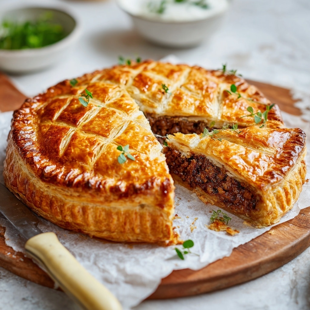 A golden brown pastry with a flaky texture is partially sliced, showing a thick dark brown filling inside composed of fine chunks and a slightly crumbly texture. The top crust is scored in a diamond pattern and garnished with small green herb leaves. The pastry sits on parchment paper placed on a wooden board with a white marbled texture background. A knife with a cream-colored handle is beside the pastry, and a white bowl with green herbs is blurred in the background. photo taken with an iphone --ar 4:5 --v 7