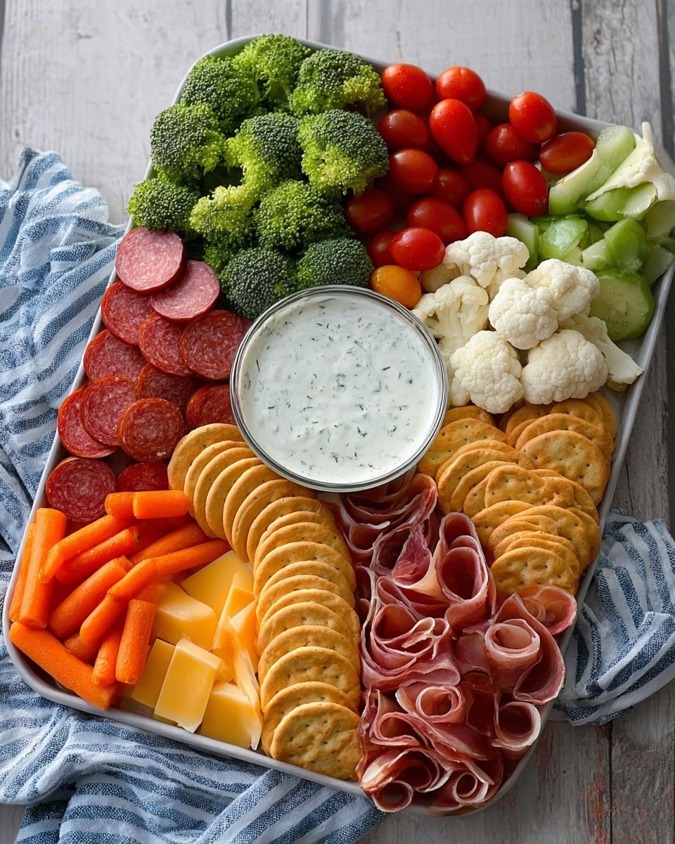 A large white tray sits on a white marbled surface with a blue and white striped cloth partially under it. The tray is filled with fresh vegetables, meats, cheeses, and crackers arranged in neat sections. At the center of the tray is a glass bowl of creamy ranch dip speckled with herbs. Around the bowl, starting at the top left corner, are bright green broccoli florets, a cluster of shiny red grape tomatoes to the right, and white cauliflower florets to the far right. Below the cauliflower are bright orange baby carrots. Next to the carrots on the right side, round slices of salami are stacked in rows. A semicircle of golden brown round crackers separates the salami from layers of sliced cheese in different colors — white, white with red flecks, and yellow with orange streaks — arranged neatly in fan shapes on the bottom half of the tray. Near the cheese are thinly folded slices of prosciutto, giving the tray richer reds and textures. photo taken with an iphone --ar 4:5 --v 7