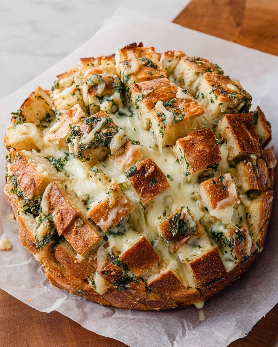 A round loaf of bread is cut into a grid pattern with deep square layers, each filled with melted white cheese and green herbs. The top crust is golden brown and slightly crispy, with green herb bits sprinkled on top. Cheese oozes from between the bread squares, creating a gooey, textured look. The bread sits on a sheet of white parchment paper, placed on a white marbled surface. photo taken with an iphone --ar 4:5 --v 7