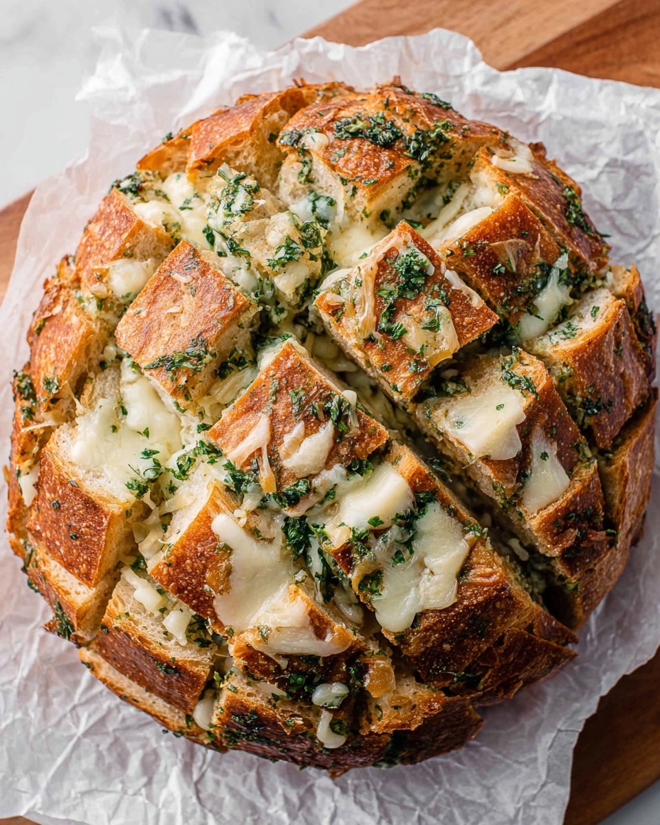 A round loaf of bread sliced in a crisscross pattern to create square pieces, with melted white cheese and green herb bits spread generously between the cuts, creating a textured layer of gooey cheese and herbs inside the bread. The bread has a golden brown, crunchy crust with some cheese slightly browned on top. The loaf sits on crumpled white parchment paper on a white marbled surface. photo taken with an iphone --ar 4:5 --v 7
