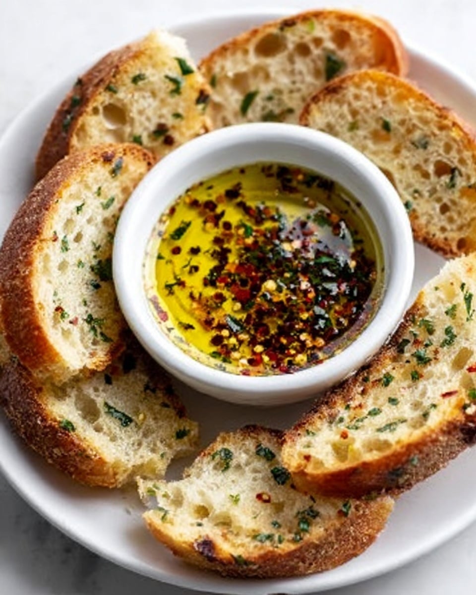 A white plate on a white marbled surface holds several slices of toasted bread with a light brown crust and soft, porous inside with bits of green herbs. In the center of the plate, there is a small white bowl filled with golden olive oil topped with red chili flakes, black pepper, and green herbs floating on the surface. The bread slices are arranged around the bowl, some leaning against it, creating a cozy and inviting look. Photo taken with an iphone --ar 4:5 --v 7