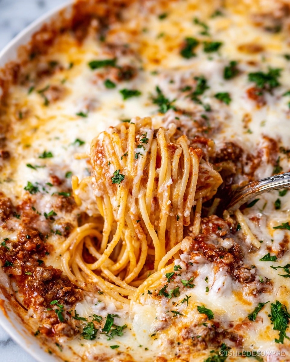 The image shows a close-up of a creamy spaghetti dish in a white bowl on a white marbled surface. The dish has at least three layers: a bottom layer of cooked spaghetti noodles covered with a rich, creamy reddish sauce with visible bits of browned meat and herbs; a middle layer of melted white cheese that is bubbly and slightly browned on the edges; and scattered green parsley leaves on top adding a fresh touch. The textures are smooth and saucy with some strands of spaghetti twirled around a spoon, showing the thick and cheesy sauce coating the noodles. Photo taken with an iphone --ar 4:5 --v 7