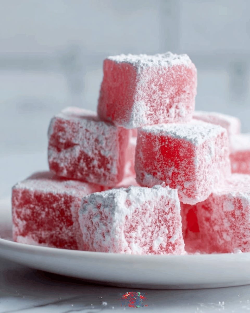 A stack of six pink Turkish delight cubes dusted with a layer of white powdered sugar sits in the center of a white plate, soft and slightly translucent with a smooth, gelatinous texture. The cubes are arranged loosely, with some stacked on top of others, showing small uneven edges. The background is a white marbled surface, clean and bright. Photo taken with an iphone --ar 4:5 --v 7