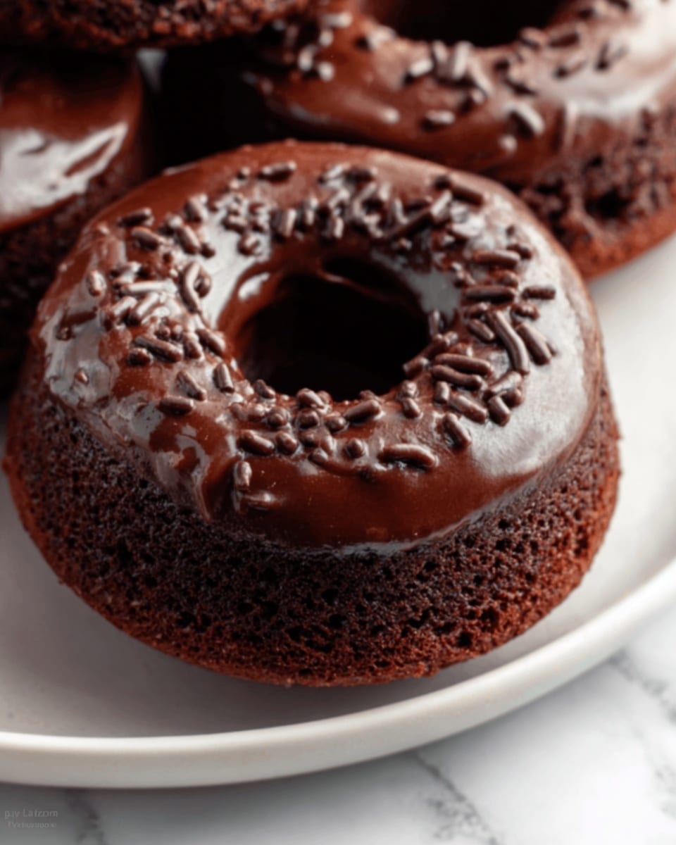 A close-up view of a chocolate donut placed on a white plate with a white marbled surface below. The donut has two visible layers: a dense, dark brown chocolate cake base with a rough texture, and a smooth, shiny layer of chocolate glaze spread thickly on top. There are small, dark chocolate sprinkles scattered evenly over the glaze, adding texture and a slightly rough look on the top. The lighting highlights the glossy finish of the glaze making it look rich and fresh. photo taken with an iphone --ar 4:5 --v 7