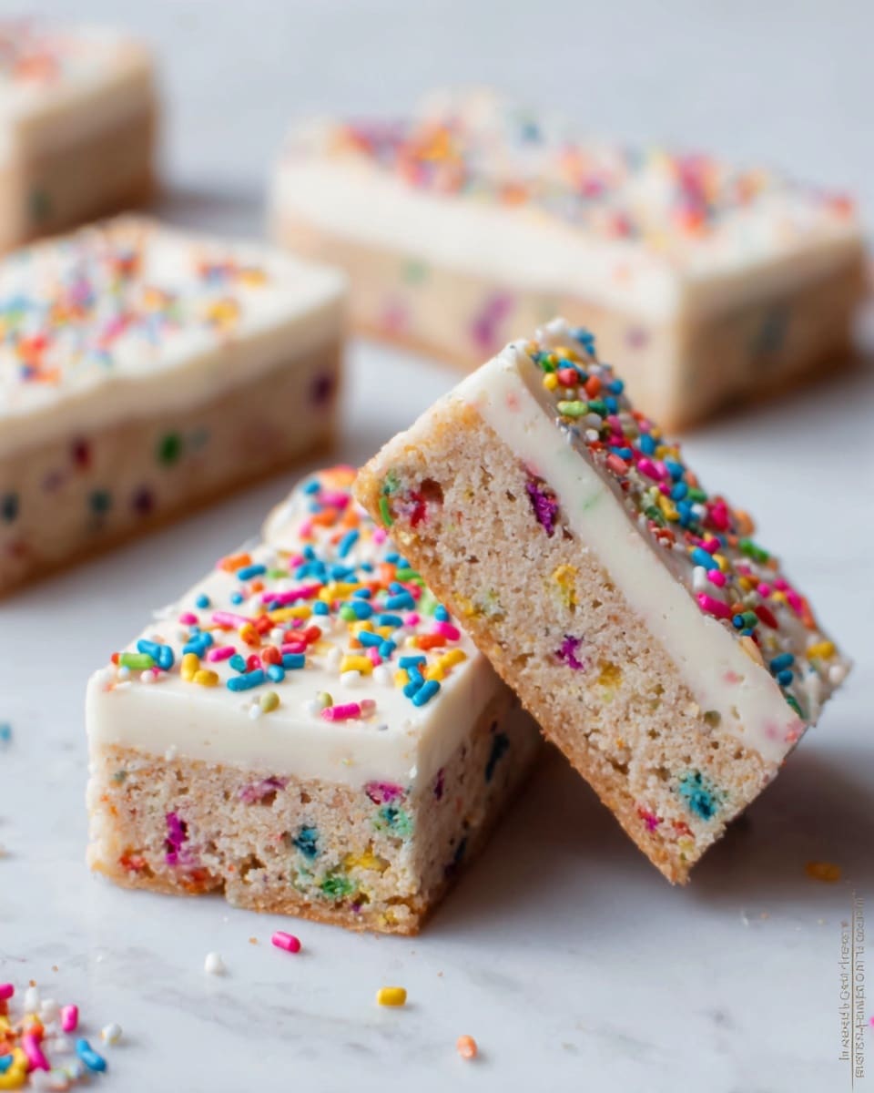 The image shows several rectangular cake bars with three layers placed on a white marbled surface. The bottom layer is a light brown cake mixed with colorful sprinkles inside, giving it a fun, textured look. The middle layer is thin and white, looking smooth, and the top layer is a thicker, creamy white frosting with more bright rainbow sprinkles scattered on top. One bar is tilted and leaning against another, showing the inside layers clearly. The whole scene is bright and clean. Photo taken with an iphone --ar 4:5 --v 7