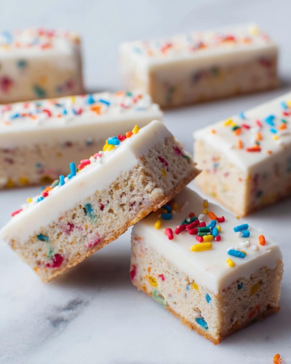The image shows several rectangular cake bars with a creamy white frosting on top, sprinkled with colorful small candy pieces. Each bar has two visible layers: the bottom layer is a light beige cake with tiny bits of colorful candy inside, while the top layer is smooth white frosting. The bars are placed on a white marbled surface, and one bar is slightly tilted, resting against another. The candies on the frosting add a bright contrast in red, yellow, blue, and orange colors. photo taken with an iphone --ar 4:5 --v 7