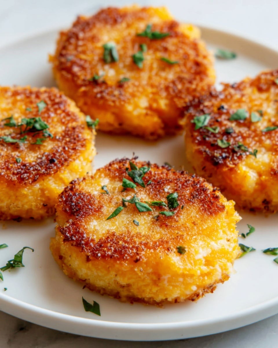 The image shows four small, round, golden-brown patties that appear crispy on the outside with a slightly rough texture. Each patty has a warm orange color inside, suggesting a soft or cheesy center. Small bits of green herbs are scattered on top and around the patties, adding a fresh touch. The patties sit on a white plate placed on a white marbled surface. The close-up view highlights the crunchy edges and soft middle of each patty. photo taken with an iphone --ar 4:5 --v 7