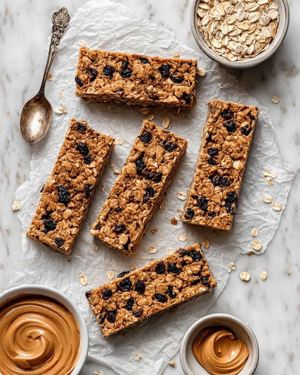 A square white baking dish is filled evenly with a single thick layer of baked granola, showing a mix of golden brown toasted oats with some darker spots from raisins or similar dried fruit. The granola has a rough and crunchy texture, tightly packed and covering the whole bottom surface of the dish. The dish rests on a white marbled texture surface. photo taken with an iphone --ar 4:5 --v 7