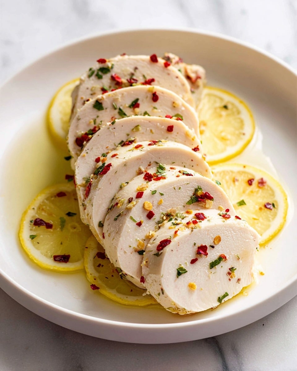 A white bowl holds five slices of white, poached chicken breast with a firm but tender texture, arranged slightly overlapping in the center. Behind the chicken, three thin lemon slices stand upright, showing their bright yellow color and juicy texture. The chicken is sprinkled with small bits of green herbs and red chili flakes, scattered across the surface and in the shallow pool of light yellow lemon juice and olive oil at the bottom of the bowl. The bowl is set on a white marbled texture. photo taken with an iphone --ar 4:5 --v 7