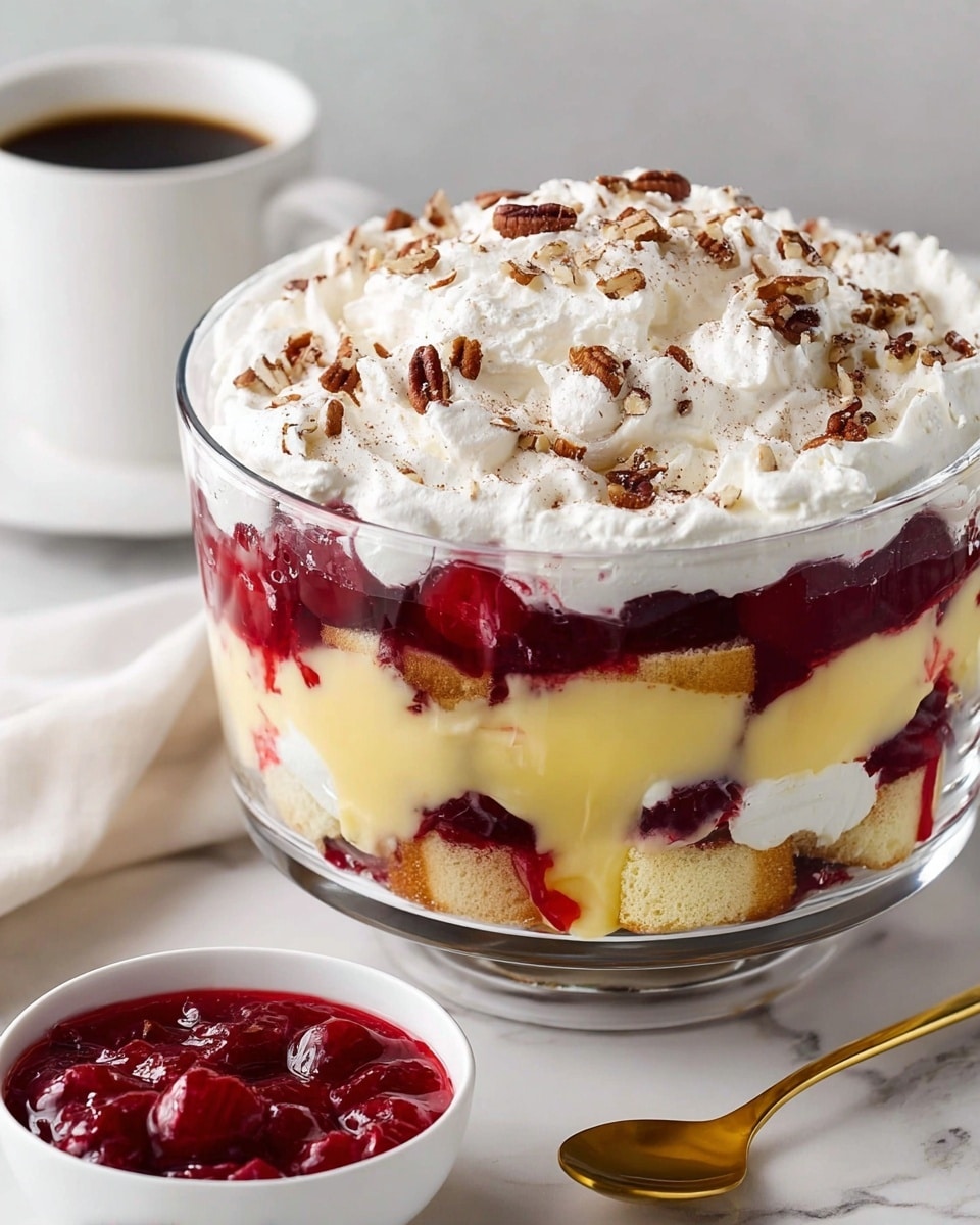 A clear glass bowl holds a layered trifle with five visible layers: at the bottom is a light brown sponge cake, topped by a thick, smooth light yellow custard layer, followed by a thin layer of white whipped cream with some spots showing through, then a bright red cherry jelly layer with whole cherries inside, and finally a thick layer of white whipped cream on top sprinkled with chopped pecans. In front of the bowl, there is a small white bowl filled with bright red cherry sauce and a gold spoon lying on a white marbled surface. A white cup with black coffee sits in the blurry background. photo taken with an iphone --ar 4:5 --v 7