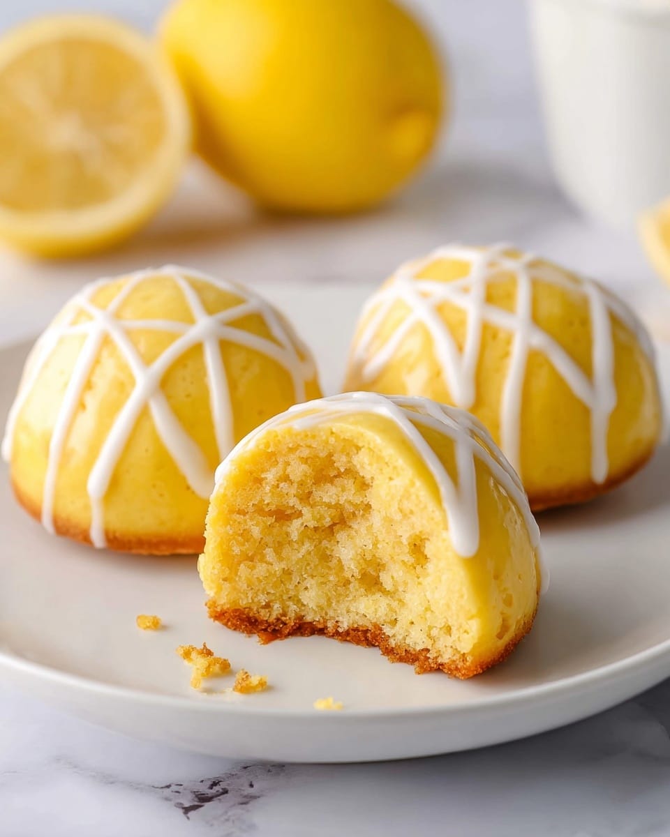 The image shows three small, round lemon cakes on a white plate placed on a white marbled surface. Two cakes are whole, covered in a smooth, bright yellow glaze with white icing drizzle forming a crisscross pattern on top. In front, one cake is cut in half, revealing a soft, moist, light yellow crumb inside with a slightly darker brown base layer. In the blurred background, there is a whole lemon and a lemon half adding to the fresh lemon theme. Photo taken with an iphone --ar 4:5 --v 7