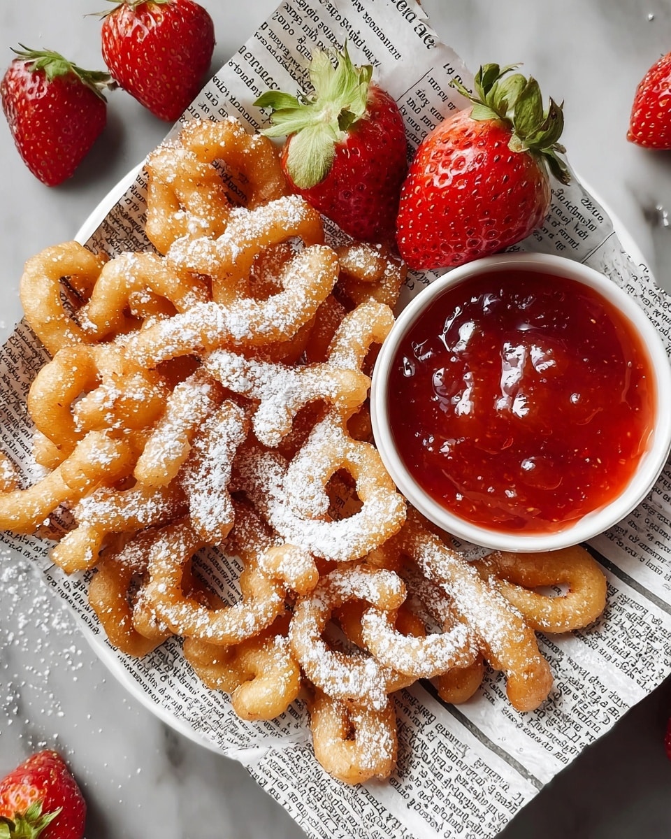 A white plate lined with paper printed like a newspaper holds many curly, golden-brown funnel cakes dusted heavily with white powdered sugar. On the right side of the plate, there is a white sauce dish filled with glossy red strawberry sauce. At the top edge of the plate, three fresh, bright red strawberries with green leaves rest against the funnel cakes. The plate is set on a white marbled surface with a few scattered whole strawberries around it. photo taken with an iphone --ar 4:5 --v 7