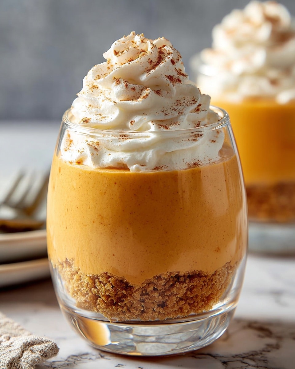 A clear glass holds a dessert with three visible layers. The bottom layer is crumbly and brown, looking like crushed cookies or graham crackers. Above it, a thick, smooth orange layer fills most of the glass, appearing creamy and dense. On top, a generous swirl of white whipped cream is neatly piped, dusted lightly with a fine brown powder, likely cinnamon or nutmeg. The background shows a blurred second dessert of the same kind, all set against a white marbled textured surface. photo taken with an iphone --ar 4:5 --v 7