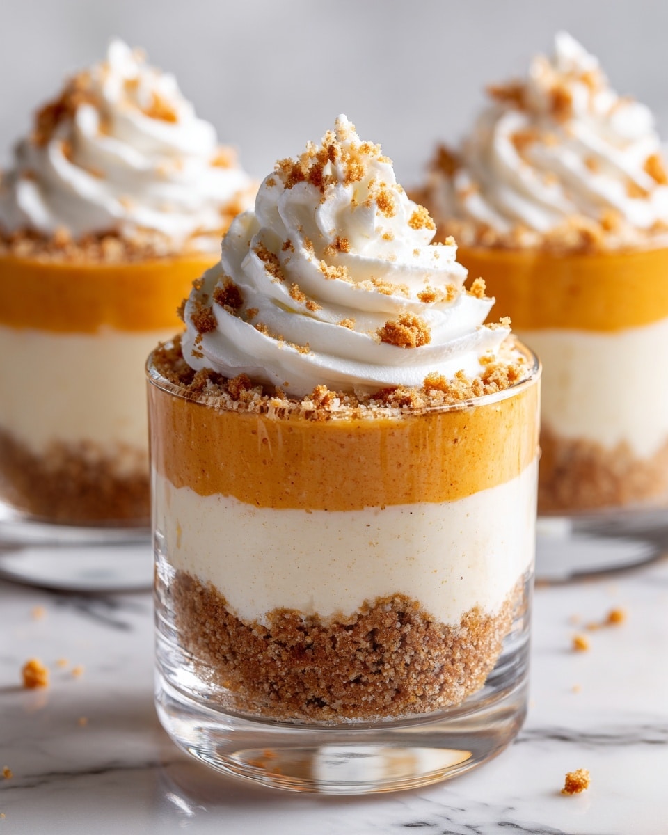 The image shows a dessert in a clear glass with three visible layers. The bottom layer is a crumbly, light brown crust made of crushed cookies. The middle layer is thick, smooth, and light orange, looking creamy and airy. The top layer is a large swirl of white whipped cream, sprinkled with small pieces of crushed cookies that add texture and color contrast. The glass sits on a white marbled surface, and more similar glasses are in the background. Photo taken with an iphone --ar 4:5 --v 7