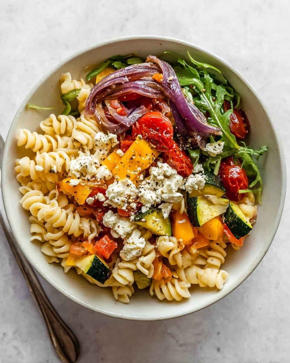 A white bowl filled with three layers of food sits on a white marbled surface next to a fork. The bottom layer is light beige spiral pasta, soft and curly. The middle layer has bright orange chunks of bell pepper and green zucchini pieces, both with a tender texture, mixed with thin slices of purple-red onion. The top layer includes dark green fresh arugula leaves, bright red cherry tomato halves, and white crumbly feta cheese sprinkled all over, with some black pepper flecks visible. photo taken with an iphone --ar 4:5 --v 7