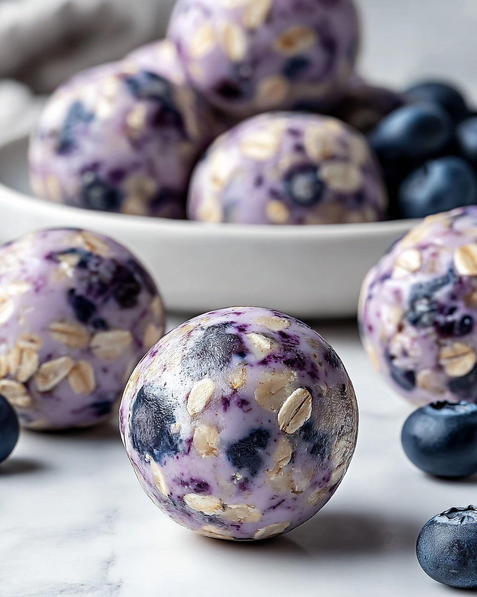 The image shows several round energy bites placed on a white marbled surface, with a white plate filled with more energy bites and fresh blueberries in the background. Each energy bite has a smooth, creamy texture with a purple tint mixed with white, showing visible pieces of oats and whole blueberries embedded throughout the surface. The blueberries inside and on the surface give a deep blue color, contrasting with the light purple-white cream. Light reflects slightly on the shiny, moist exterior of the energy bites, highlighting their round shape and fresh ingredients. photo taken with an iphone --ar 4:5 --v 7