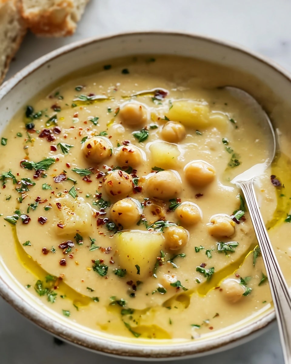 A close-up view of a bowl filled with thick, creamy soup that has a pale yellow base. The soup contains whole round chickpeas and small cubed potatoes scattered throughout, adding texture and color contrast. Light green herb sprinkles and red chili flakes are spread on top, along with a drizzle of golden olive oil creating a shiny layer. A silver spoon rests on the right side inside the bowl, which is white with a slightly rustic, uneven rim. The bowl is set on a white marbled surface, with part of a bread piece blurred in the background. Photo taken with an iphone --ar 4:5 --v 7