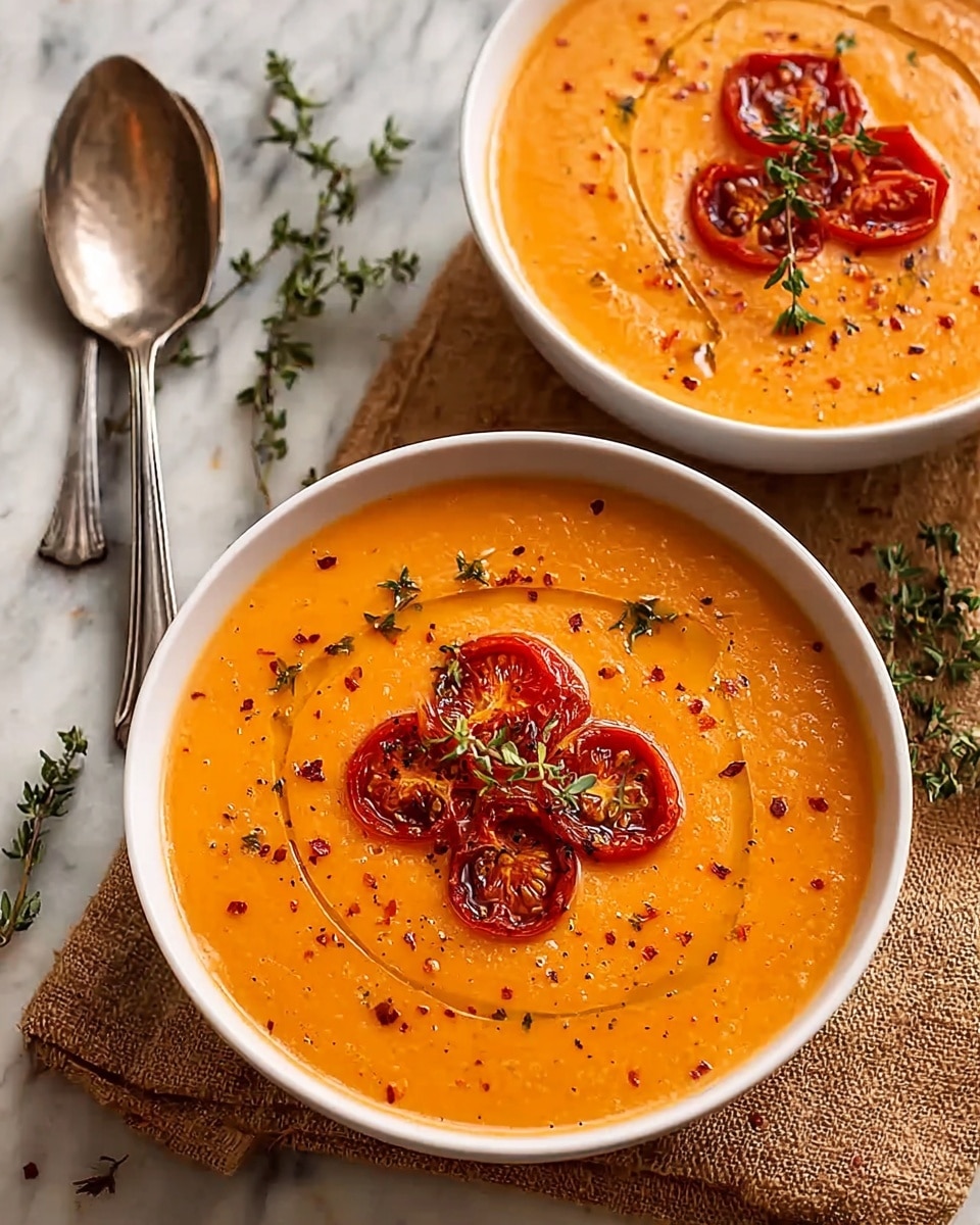 Two white bowls are filled with smooth orange soup that has a slightly glossy surface. Each bowl holds a topping of five roasted cherry tomato halves arranged in a flower shape in the center, with small green herb sprigs on top. The soup surface has tiny drops of olive oil glistening and a light sprinkle of red pepper flakes and black pepper spread over it. The bowls rest on a white marbled surface with a rough textured brown cloth partly visible under the front bowl. Two silver spoons and fresh thyme sprigs are placed nearby, adding a rustic touch. Photo taken with an iphone --ar 4:5 --v 7