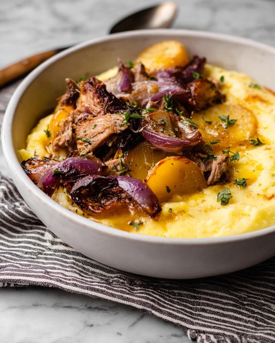 The dish is served in a white bowl with a smooth creamy yellow base layer of mashed potatoes, topped with pieces of golden brown roasted sliced potatoes scattered across. On top, there are chunks of browned pulled meat with a crispy skin layer, mixed with roasted purple-red onions. Small green herb leaves are sprinkled all over for garnish. The bowl sits on a striped cloth over a white marbled surface, with a spoon partially visible in the background. photo taken with an iphone --ar 4:5 --v 7