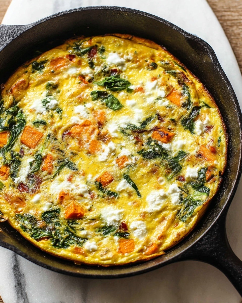 A cooked frittata in a black cast-iron skillet sits on a white marbled surface. The dish has an even base layer of golden yellow cooked eggs, mixed with green spinach leaves, scattered orange sweet potato pieces, and small chunks of white cheese spread evenly on top. The texture looks fluffy with a slightly browned and crispy edge, and the cheese is soft and melted in patches. The skillet handle points slightly out of frame to the right. photo taken with an iphone --ar 4:5 --v 7