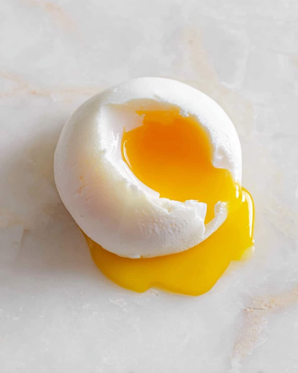 A soft poached egg lies on a white marbled surface, with the white outer layer fully cooked and smooth, slightly puffed up and rounded. The egg is cut or broken open to reveal a bright, runny yolk spilling out in a thick, vibrant yellow pool that spreads below the egg white. The textures contrast between the firm white and the liquid yolk, creating a visually rich and simple scene. Photo taken with an iphone --ar 4:5 --v 7