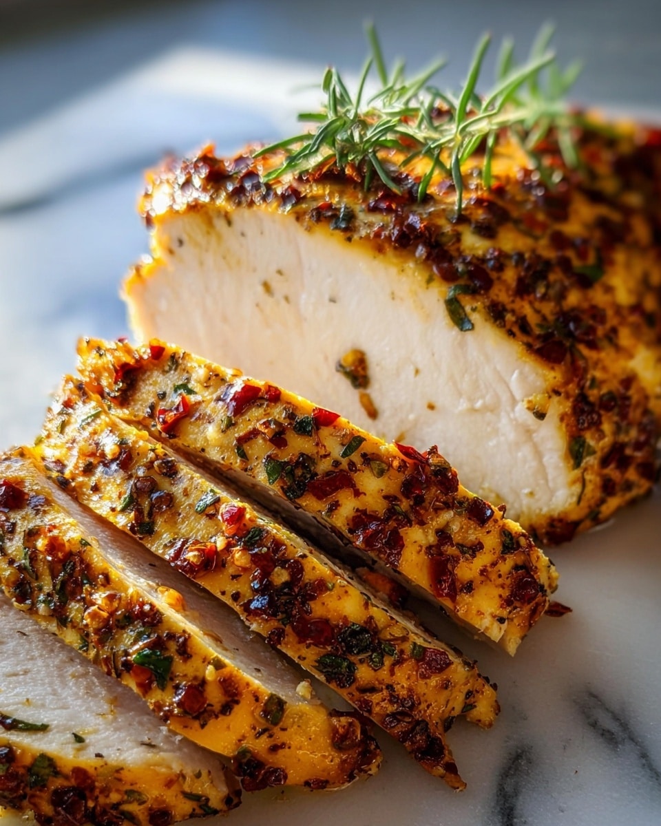A close-up of sliced grilled chicken breast with a golden-brown, spicy herb crust made of red chili flakes and green herbs visible on the surface. The inside of the chicken is white and juicy, with the slices fanned out in the front part of the image and the larger unsliced piece behind. A small green herb sprig rests on top of the chicken. The chicken sits directly on a white marbled textured surface with soft natural lighting highlighting the texture and color. Photo taken with an iphone --ar 4:5 --v 7