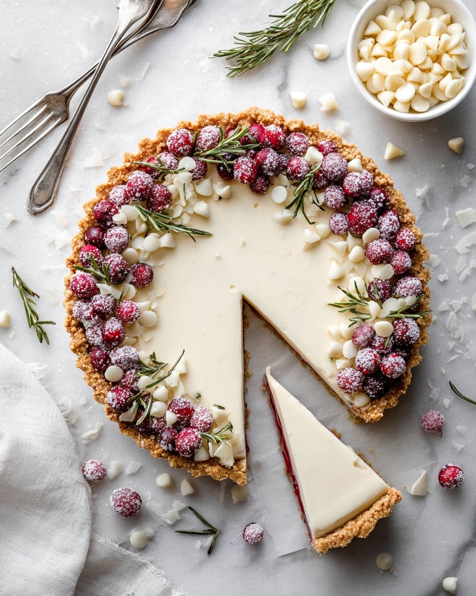 A smooth cream-colored tart with a crumbly golden crust forms the base layer, topped with a creamy white layer that looks firm and even. Near the edge, there is a decorative ring of bright red and frosted cranberries, scattered white chocolate chips, and fresh green rosemary sprigs, creating a festive and fresh look. One slice of the tart is cut and slightly pulled out, showing a thin layer of red berry filling between the crust and the creamy top. The tart rests on a white marbled surface with a small white bowl of white chocolate chips nearby, two silver forks to the top left, and a light grey cloth partially visible at the bottom. Some white chocolate chips and rosemary sprigs are scattered around. photo taken with an iphone --ar 4:5 --v 7
