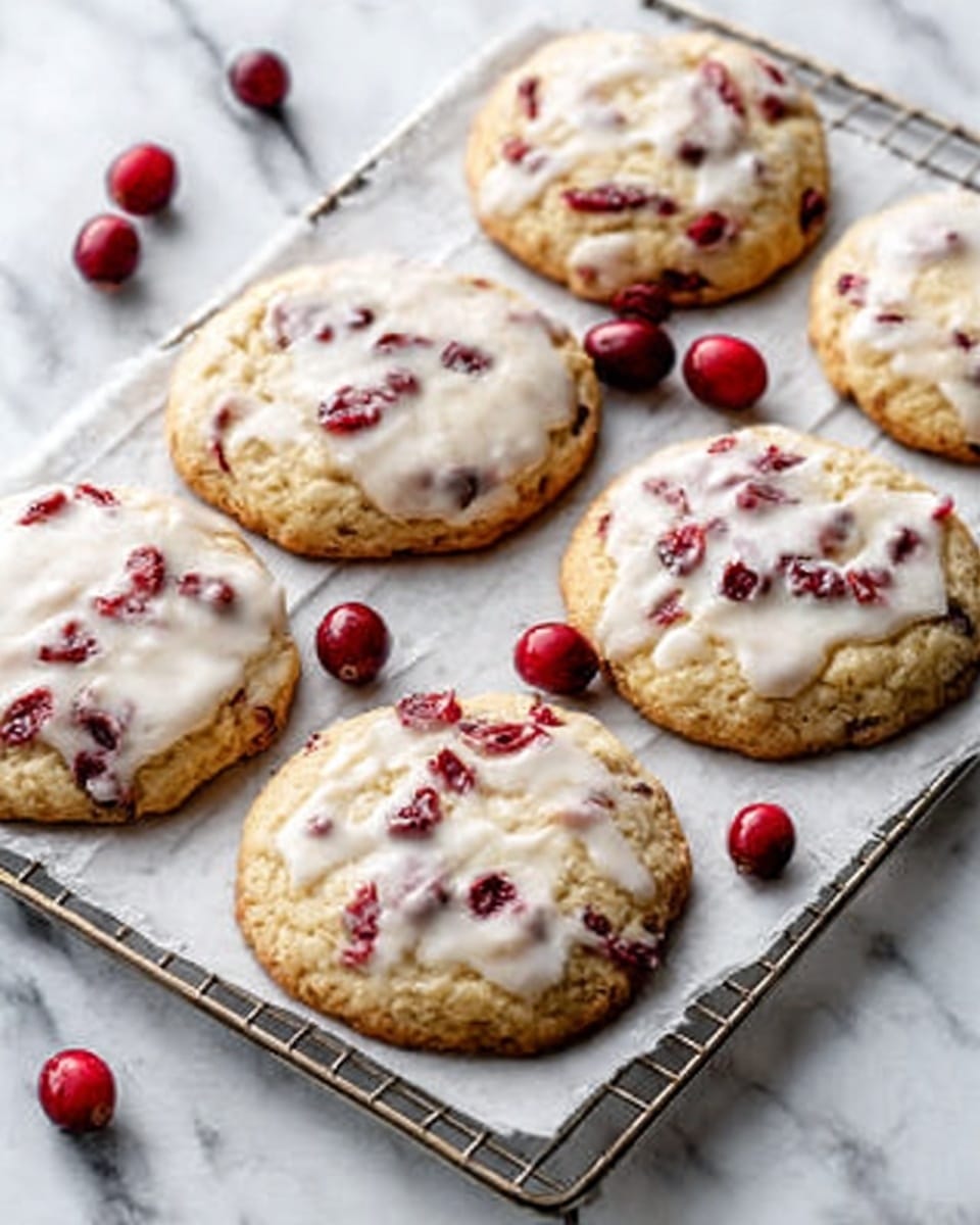 The image shows six round cookies on a baking sheet lined with white parchment paper, placed on a white marbled surface. Each cookie is golden-brown with visible red cranberry pieces spread throughout, and they are drizzled with thin white icing in a loose zigzag pattern. The cookies are evenly spaced and have a slightly cracked texture on the surface, giving them a fresh-baked look. photo taken with an iphone --ar 4:5 --v 7