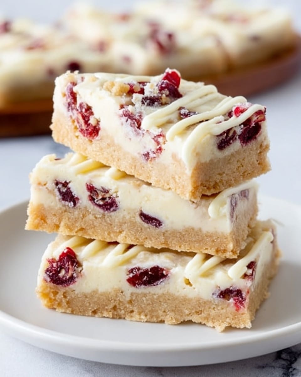 Three triangular dessert bars are stacked on a white plate, placed on a white marbled surface. Each bar has two clear layers: the bottom layer is a light brown, crumbly cookie base, while the top layer is creamy white with a smooth texture, studded with small pieces of red dried fruit, likely cranberries. A drizzle of thin white icing runs over the top, adding a delicate touch. The bars look soft but firm enough to hold shape, arranged in a slightly overlapping way. photo taken with an iphone --ar 4:5 --v 7