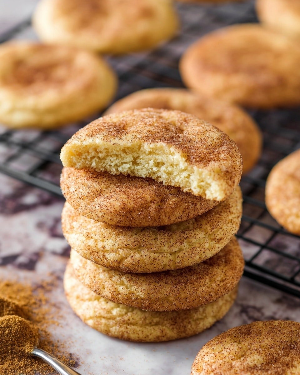 The image shows a stack of six round cookies with a light golden-brown color, each coated with a speckled layer of cinnamon sugar. The top cookie is broken in half, revealing a soft, airy, and slightly crumbly inside that is pale yellow. The cookies have a slightly cracked surface texture with a fine dusting of cinnamon throughout. In the background, more cookies are resting on a black wire cooling rack over a surface with a white marbled texture, and a spoon filled with cinnamon sugar is partially visible on the lower left corner. photo taken with an iphone --ar 4:5 --v 7