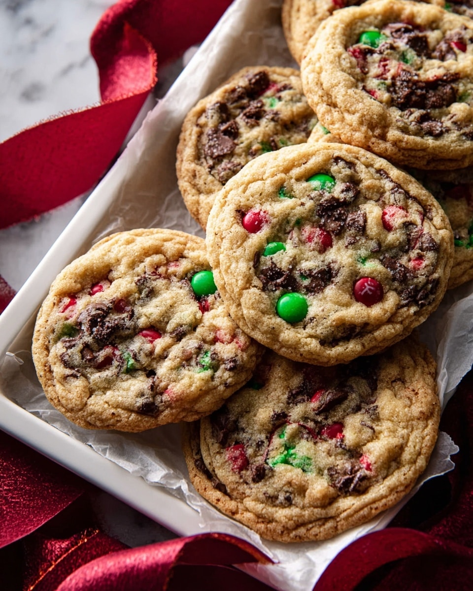 A close-up image shows several thick, round cookies placed on a white rectangular tray with slightly raised edges, lined with parchment paper. The cookies have a golden brown base with visible chocolate chunks swirled throughout, giving a marbled texture. Each cookie is decorated with red and green candy pieces scattered evenly on the top surface. The tray rests on a white marbled surface, and a deep red velvet ribbon is softly draped around and under the tray adding a festive touch. The image is warm and inviting, highlighting the soft and chewy texture of the cookies. photo taken with an iphone --ar 4:5 --v 7