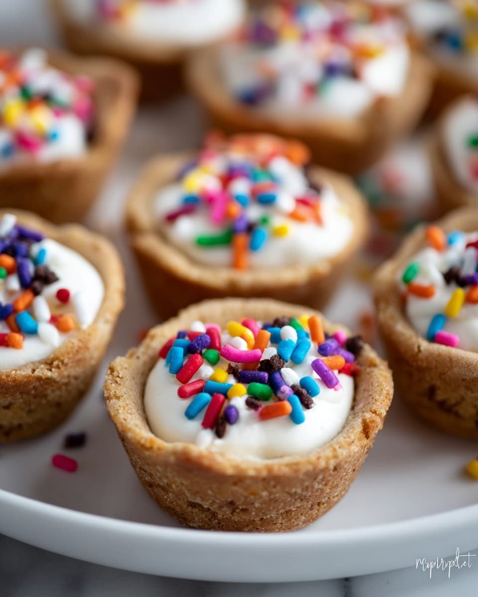 This image shows several mini cookie cups arranged on a white plate placed on a white marbled surface. Each cookie cup has a thick, golden-brown crust forming the base and sides, filled with a smooth, creamy white filling. On top of the filling, there are colorful round and cylindrical sprinkles in red, blue, green, yellow, orange, purple, and white, scattered generously. The focus is on the cookie cups in the center, with the background cups softly blurred, emphasizing the textures of the crust and the creamy filling with sprinkles. photo taken with an iphone --ar 4:5 --v 7