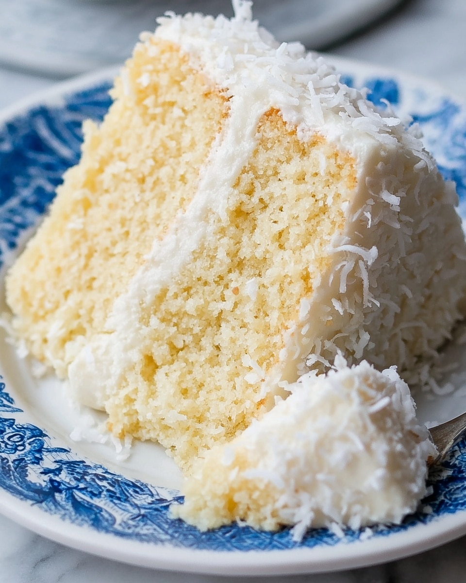 A close-up view of a single slice of layered cake with a light yellow crumb texture, covered fully with white frosting and sprinkled with shredded coconut. The cake has one main thick layer with a smooth creamy frosting coating all around. It sits on a white plate decorated with a blue pattern. Next to the slice is a small piece of the same cake. The surface beneath the plate is a white marbled texture. photo taken with an iphone --ar 4:5 --v 7