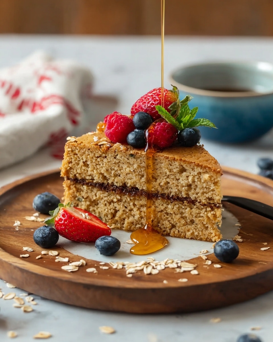 A single slice of two-layer light brown cake with a slightly crumbly texture sits on a white wooden plate. A thin dark brown filling layer is visible between the cake layers. On top of the cake slice, there is a mix of fresh berries including red raspberries, blue blueberries, and a halved red strawberry with a small green mint leaf beside it. Golden syrup is being poured over the berries and dripping down the side of the cake. Scattered around the plate are extra blueberries, raspberries, and a few oats. The background surface is a white marbled texture with a blue bowl of syrup and a white cloth with a red pattern slightly out of focus. Photo taken with an iphone --ar 4:5 --v 7
