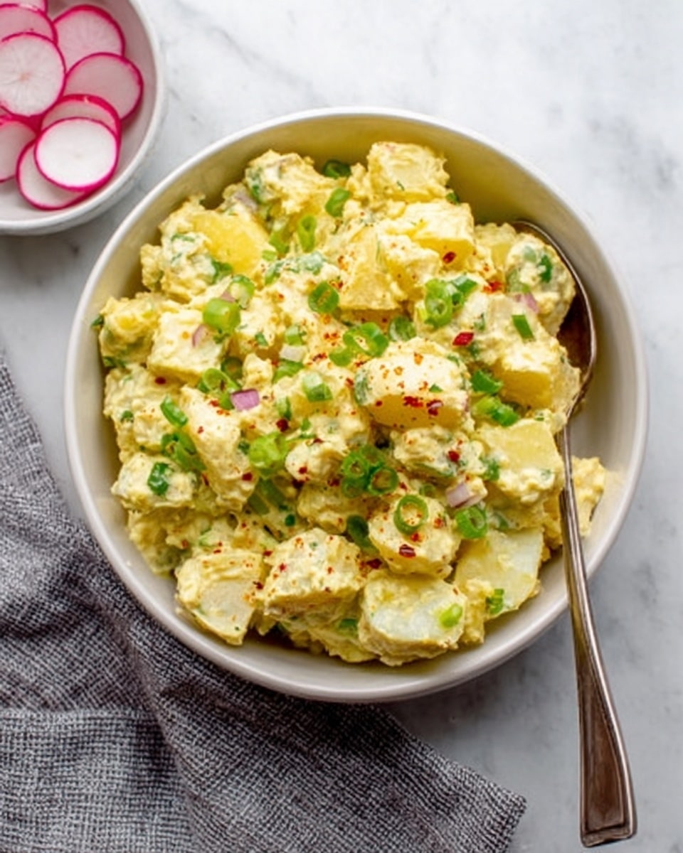 A white bowl filled with a creamy potato salad that has small cubes of yellow potatoes mixed with green onions sprinkled on top and some red seasoning flakes. A spoon is placed inside the bowl resting on the salad. The bowl is set on a white marbled surface near a small white bowl with sliced radishes. A gray cloth napkin is next to the bowl. The photo taken with an iphone --ar 4:5 --v 7