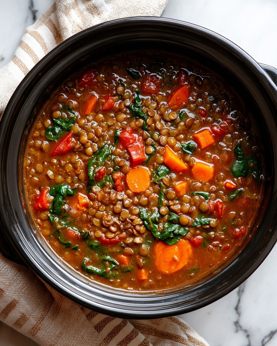 The image shows a black pot filled with lentil soup on a white marbled surface. The soup has a thick texture with many small brown lentils spread throughout. There are bright orange carrot chunks, pieces of green leafy vegetables, and bits of red bell pepper mixed in the broth. The broth itself is a rich brownish-red color, looking hearty and full of spices. The pot is round and has a shiny surface that contrasts with the vibrant colors inside. A beige and white striped cloth can be seen next to the pot. Photo taken with an iphone --ar 4:5 --v 7