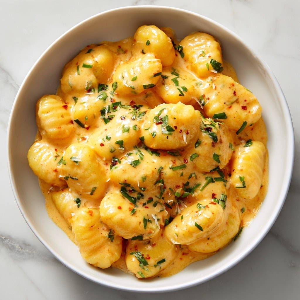 A white bowl filled with several layers of soft, golden-yellow gnocchi pieces coated in a thick, creamy orange sauce with small green herb bits sprinkled on top. The gnocchi have a slightly shiny texture and look tender, sitting closely together in the bowl. The sauce covers every piece evenly and has a smooth, rich appearance. The background is a white marbled surface. photo taken with an iphone --ar 4:5 --v 7