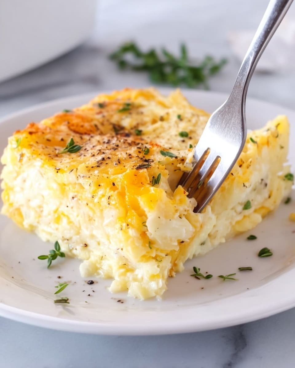 A close-up image of a square-shaped slice of cheesy potato casserole on a white plate, showing a creamy and slightly chunky texture with a mix of pale yellow and white colors from the cheese and potatoes. The top layer is sprinkled with small green herb pieces and black pepper, adding color contrast. A fork with four prongs is partly pressed into the casserole from the top center, causing an indentation. Small green herbs are scattered around the plate. The plate rests on a white marbled surface. Photo taken with an iphone --ar 4:5 --v 7