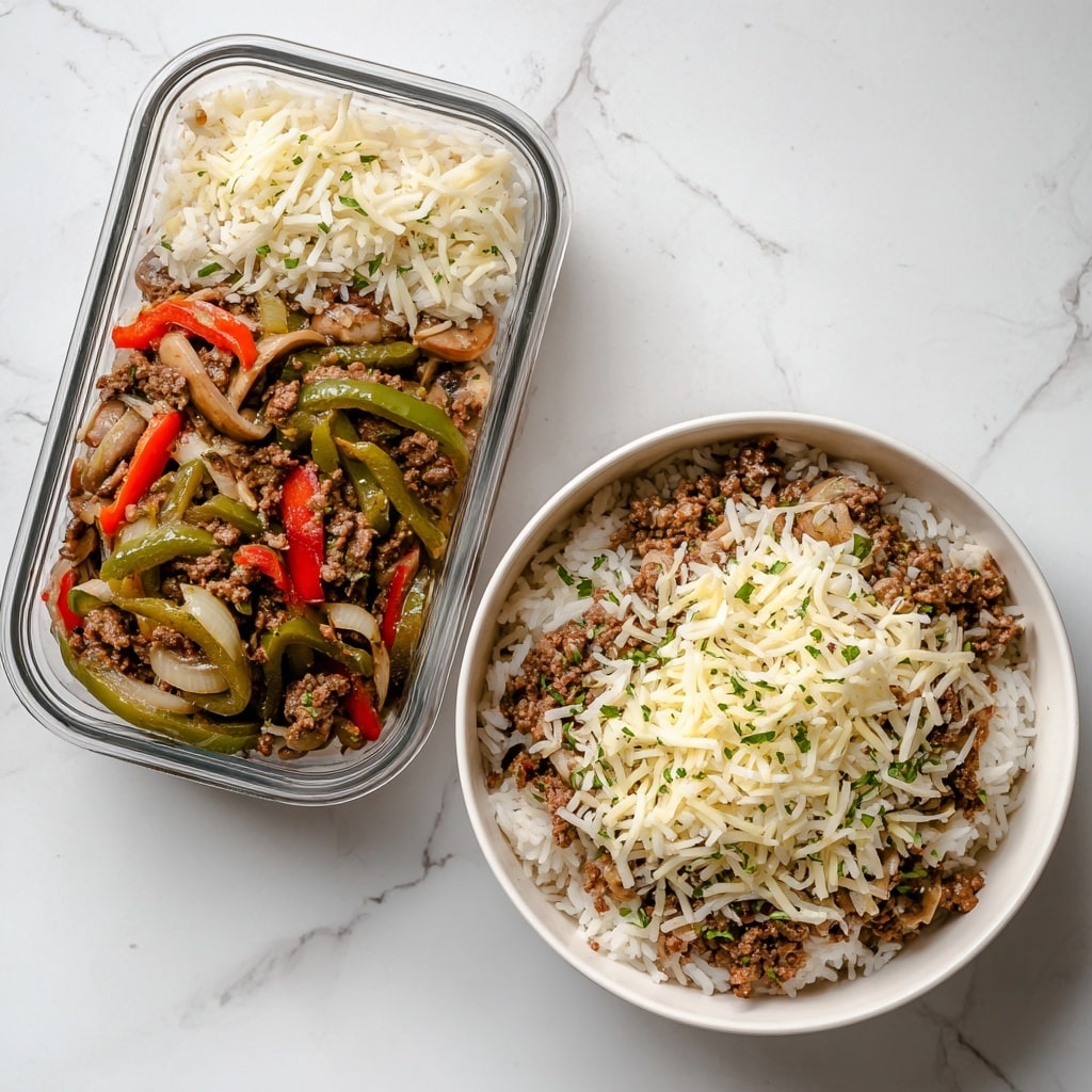 The image shows two views of a ground beef Philly cheesesteak bowl. In the top view, the rectangular meal prep container is divided into two parts: the left side contains cooked ground beef mixed with green bell peppers, red bell peppers, white onions, and sliced mushrooms, while the right side has white rice topped with shredded cheese. The bottom view shows a white round bowl filled with a base layer of white rice, topped with the same ground beef and vegetable mix, all covered with melted shredded cheese and sprinkled with small green herb bits. The background surface has a white marbled texture. photo taken with an iphone --ar 4:5 --v 7