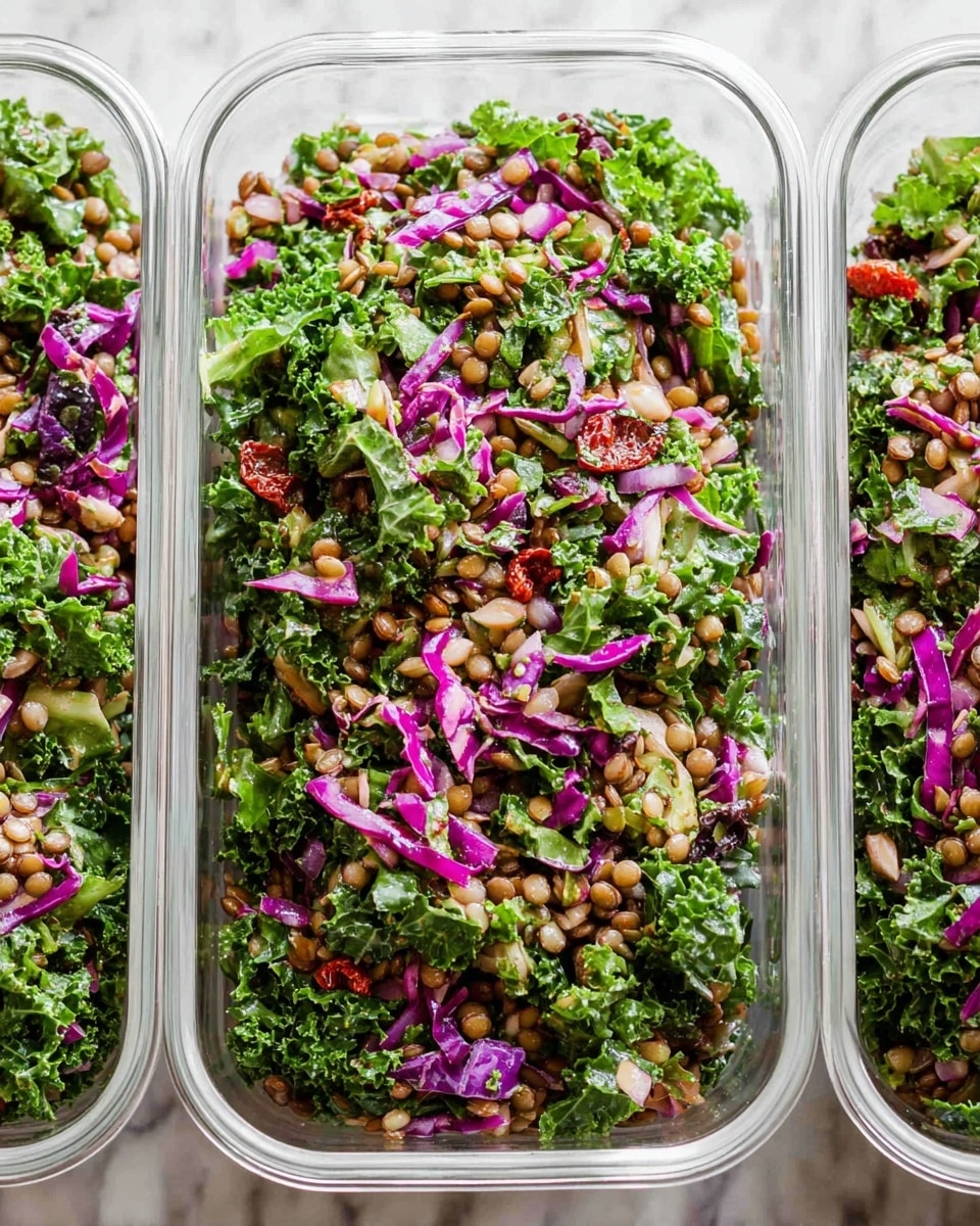 A white bowl filled with a colorful salad showing three main layers: the bottom layer is dark green curly kale leaves, mixed closely with purple cabbage pieces; scattered on top are small light brown lentils and bright red dried cranberries; the whole salad is drizzled with a smooth light brown dressing. Next to the bowl, a white sauce pitcher holds more of the same brown dressing on a white marbled surface. Photo taken with an iphone --ar 4:5 --v 7
