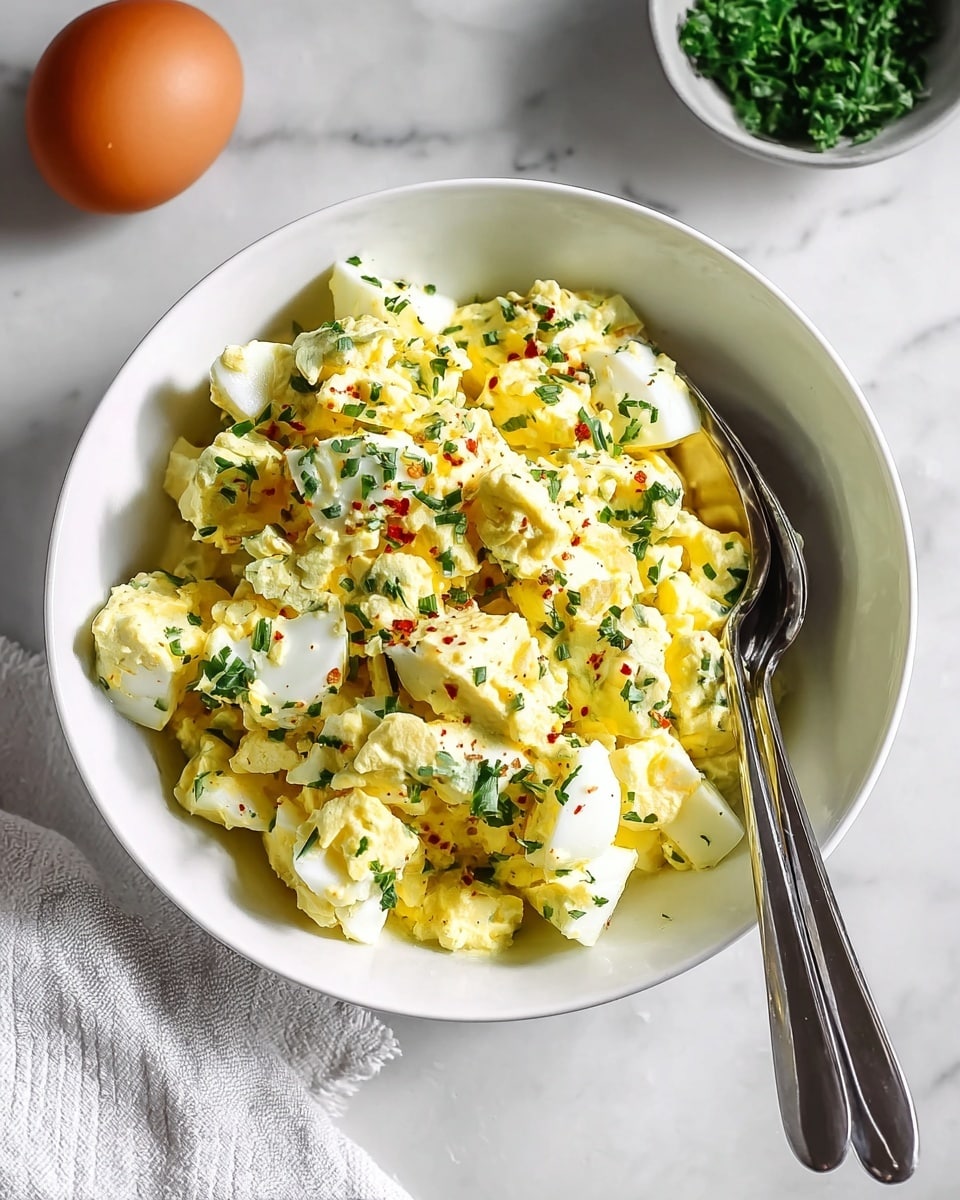 A white bowl holds a creamy egg salad, made of chopped hard-boiled eggs mixed with a light yellow mayonnaise-like dressing, sprinkled with chopped green herbs and small bits of red seasoning. The egg whites and yolks are cut into pieces, creating a mix of white and soft yellow colors. Two shiny silver spoons rest inside the bowl, placed towards the bottom right. The bowl sits on a white marbled surface, accompanied by a whole brown egg and a small bowl of fresh green herbs on the upper side. A white and gray cloth is partially visible on the left side of the image. photo taken with an iphone --ar 4:5 --v 7