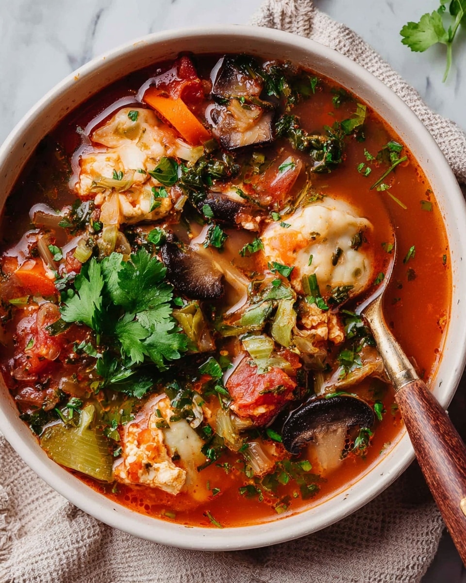 A white bowl filled with a rich red tomato broth soup, showing various layers of ingredients including chunks of orange carrots, light beige dumplings, green leafy herbs, slices of celery, and dark brown mushrooms scattered throughout. The soup has a mix of chunky vegetables and herbs floating on top, with some greens placed in the center for garnish. A wooden-handled spoon is partially dipped into the bowl resting on the edge. The bowl sits on a light-colored textured cloth with a white marbled background. photo taken with an iphone --ar 4:5 --v 7