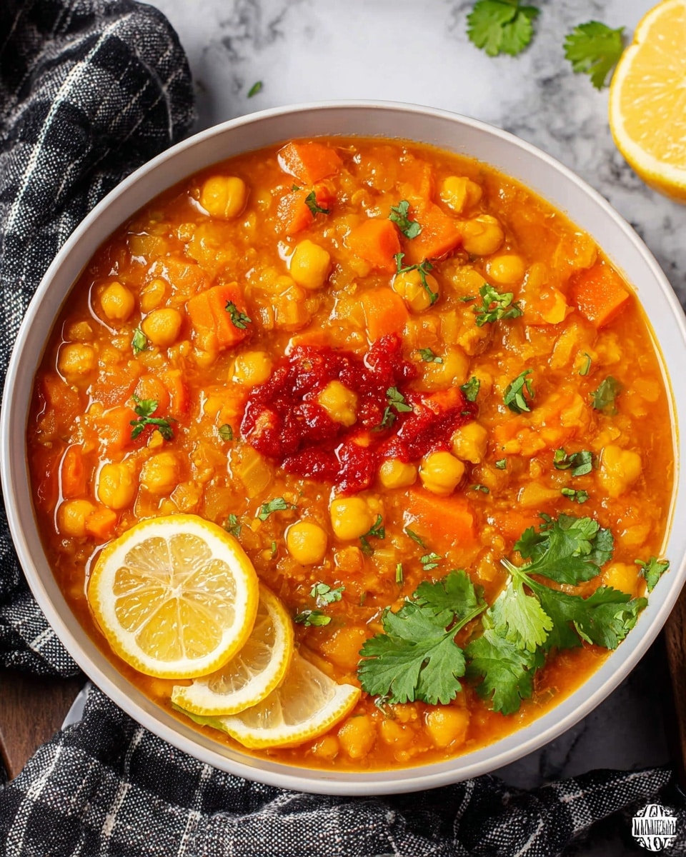 A bowl filled with a thick orange stew made of chickpeas and small vegetable chunks, mostly orange and red in color, representing carrots and tomatoes. The stew has a textured surface with a glossy finish, topped with bright red sauce dollops towards the left side, two thin yellow lemon slices placed on the top right, and three fresh green cilantro sprigs sitting near the lemon slices. The bowl is white and sits on a white marbled surface with a gray and white checkered cloth partly under it. Photo taken with an iphone --ar 4:5 --v 7