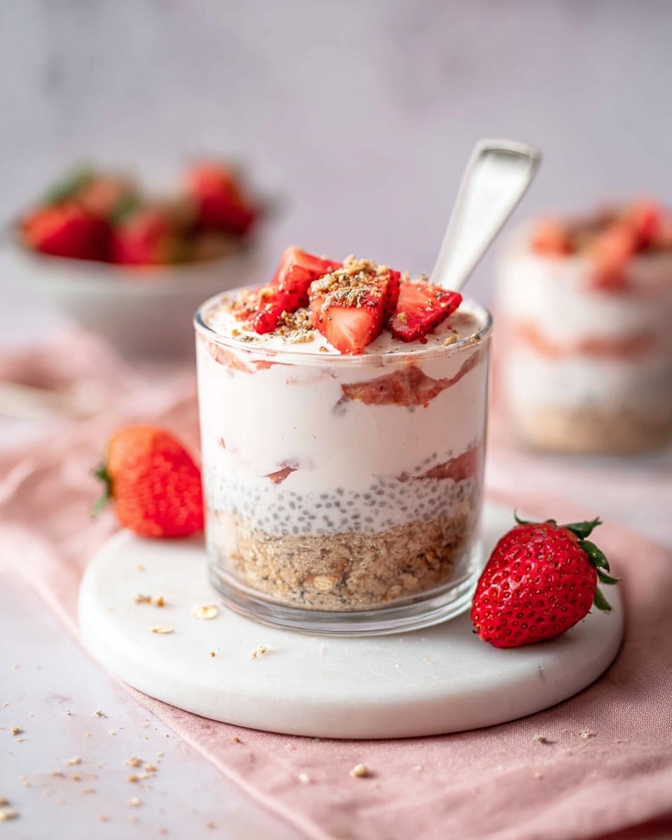 The image shows a clear glass cup filled with a three-layer dessert placed on a round white board over a soft pink cloth on a white marbled surface. The bottom layer is a light brown crumbly base, followed by a middle layer of light beige oats mixed with small black seeds. On top is a thick, white creamy layer that almost reaches the rim of the cup. The dessert is garnished with bright red chopped strawberries and sprinkled with some light brown crumbs. Two fresh whole strawberries rest near the white board. There is a blurred second cup in the background, and a bowl with more chopped strawberries also blurred. A silver spoon is dipped inside the glass. photo taken with an iphone --ar 4:5 --v 7