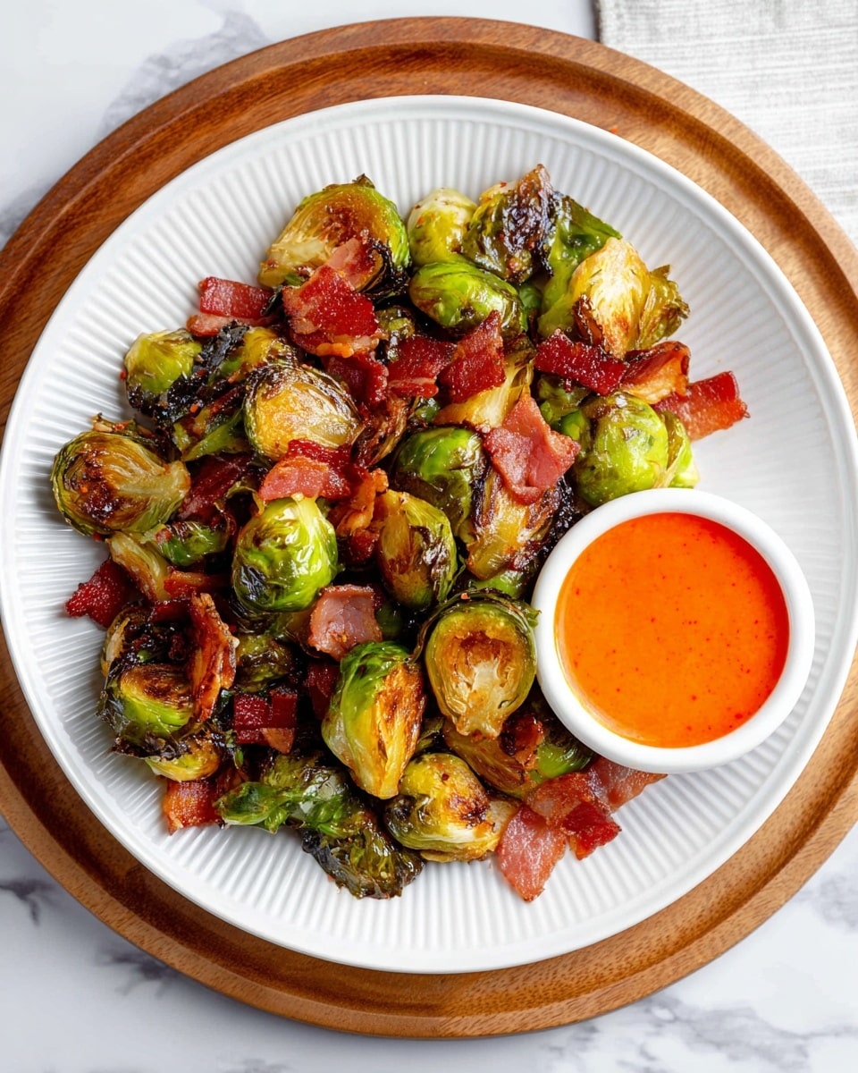 A white plate with a ridged edge holds a vibrant dish of roasted Brussels sprouts and crispy bacon pieces mixed together. The Brussels sprouts vary in color from bright green to golden brown with some charred spots, showing a roasted texture. The bacon pieces are scattered evenly, with a rich reddish-pink color and a slightly crispy look. On the right side of the plate, there is a small white bowl filled with bright orange dipping sauce that looks smooth and glossy. The plate is placed on a round wooden board, all set on a white marbled surface. photo taken with an iphone --ar 4:5 --v 7